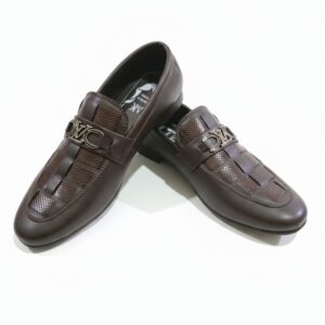 Premium Brown Leather Loafers with Woven Detailing & Metal Accent