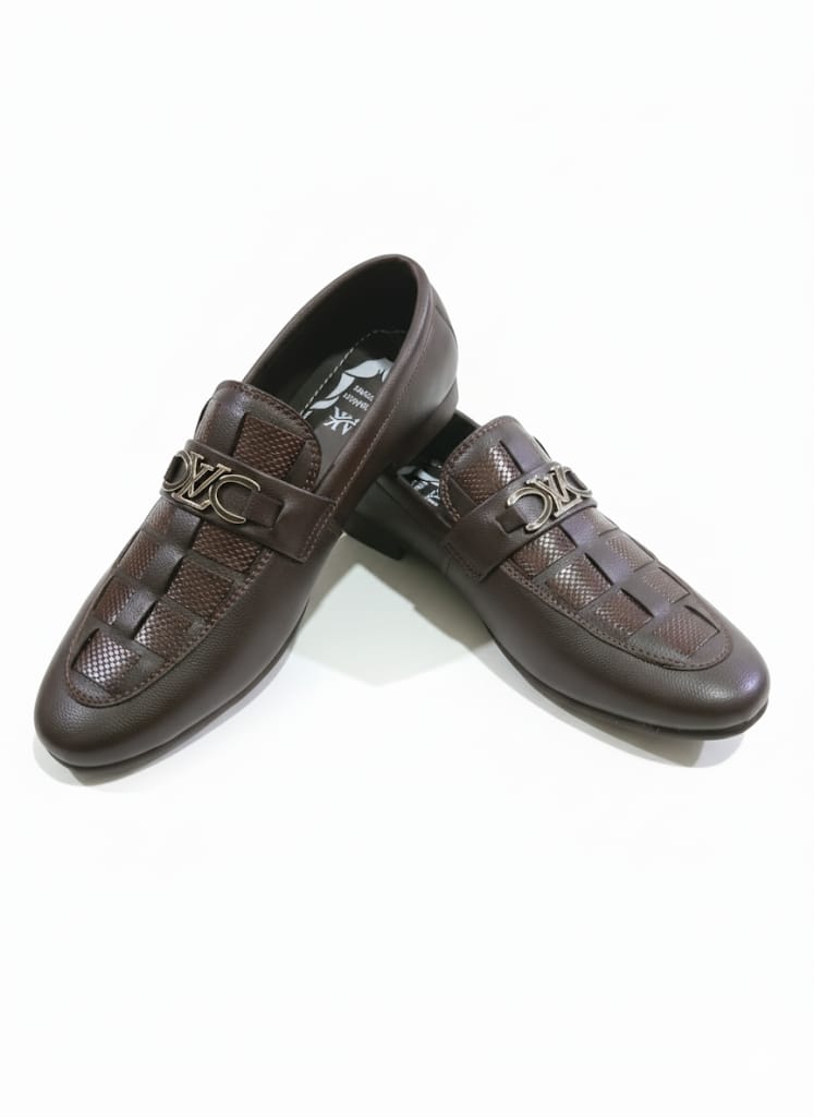 Premium Brown Leather Loafers with Woven Detailing & Metal Accent