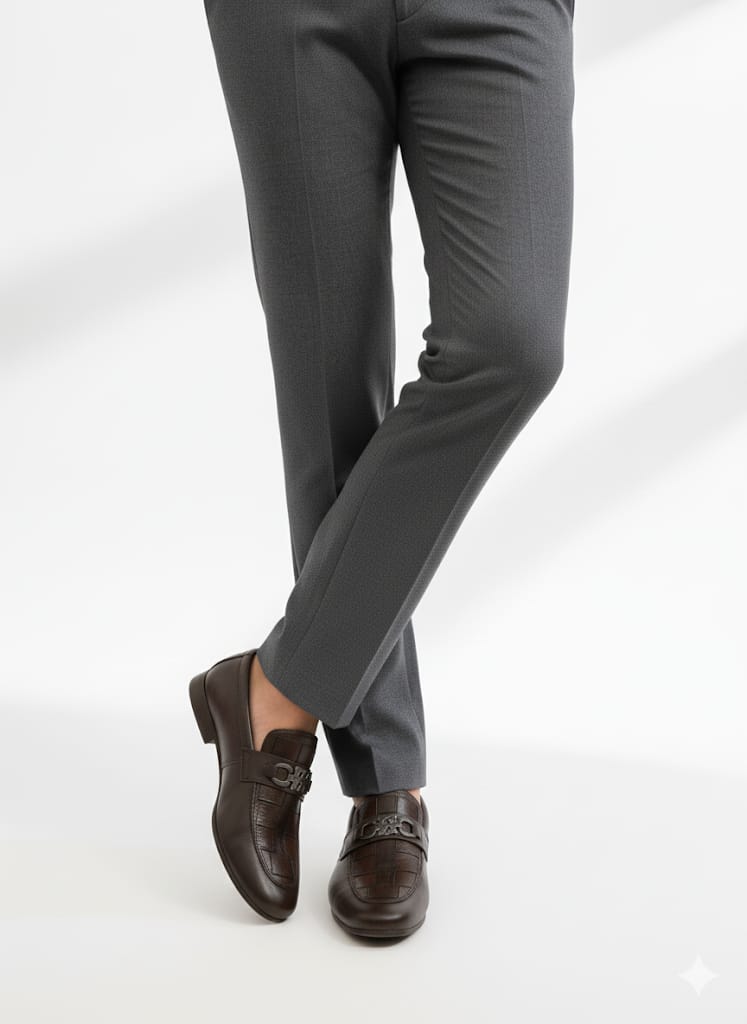 Premium Brown Leather Loafers with Woven Detailing & Metal Accent - Image 3