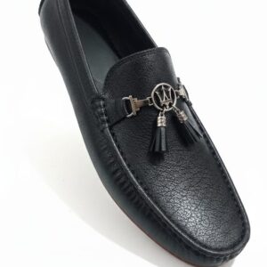 Classic Black Textured Loafers with Tassel & Metal Charm Detailing