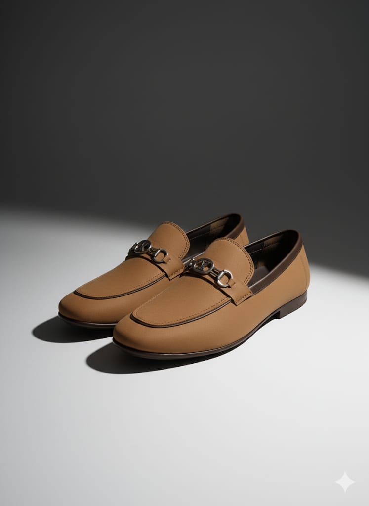 Classic Tan Leather Loafers with Metal Horsebit Detail - Image 3